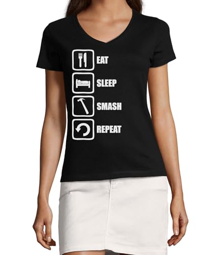 T-shirt col en V femme noir Eat Sleep Smash Repeat pour le sport