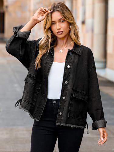 Glamaker Womens Jean Jackets Cropped Casual Denim Jacket Button Down Vintage Loose Frayed Hem Fall Coat with Pockets3