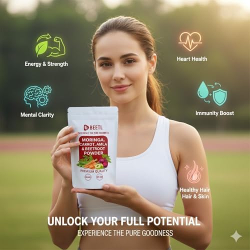 Image of BEETL Moringa Carrot Amla & Beetroot Powder Blend | Mixed Vegetable Powder | Plant Based Blend for Smoothies, Juices, Beverages & Recipes | 100 g