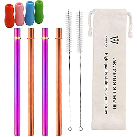 Stainless Steel Drinking Straws with Free Cleaning Brushes,NEBYWOLD Senior Reusable Drinking Food Grade Stainless Steel Straws(2 colors) with 2 Cleaning Brush Cover