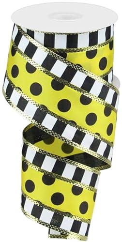 Polka Dots with Stripes Wired Edge Ribbon - 10 Yards (Yellow, Black, White, 2.5