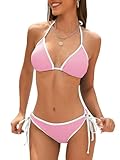 Women String Triangle Bikini Set 2 Piece Swimsuit Halter Top Two Piece Bathing Suit Cheeky Swim Suit Color Block Swimwear Pink White XS