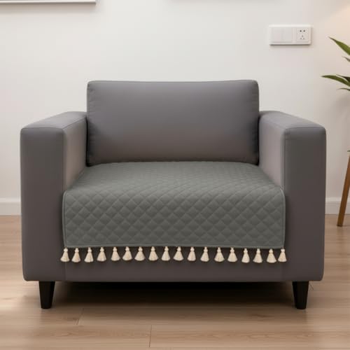 Image of HOMEMONDE 1 Seater Quilted Velvet Sofa Cover with Tassels |Soft, Durable & Premium Fabric with Tassels | Sofa Cover Mats for Living Room, Bedroom, or Drawing Room (76 X 61 CM, Grey)