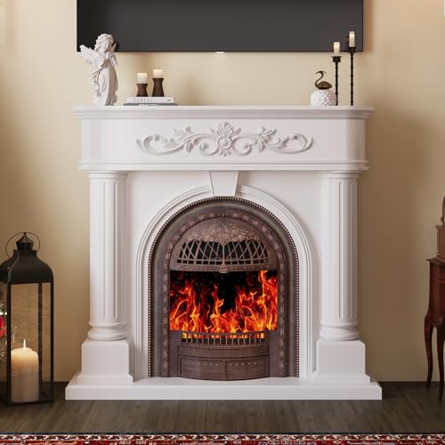 Image of Electric Fireplace with Mantel, Solid Wood White TV Stand with Fireplace for Living Room,Brown Birdcage 51 inch Fire Place Heater with Roman Column Design for Bedroom, Entryway Decor