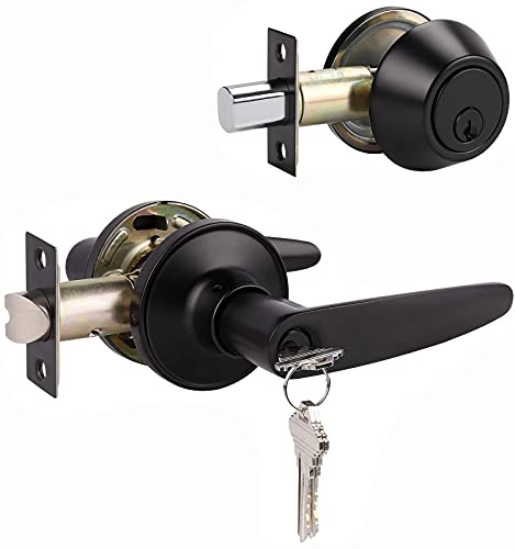 Best Seller 3 Pack Keyed Entry Door Lever and Single Cylinder Deadbolt Combination Set in Matte Black Finish, Exterior Lever with Lock and Deadbolt, Keyed Alike