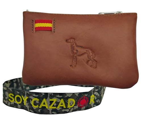 Pack Monedero de Piel con Galgo + Pulsera Soy Cazador | Hecho en España | Diseño Artesanal | Regalo para Galgueros y Aficionados a la Caza con Perro. (Galgo Marrón)