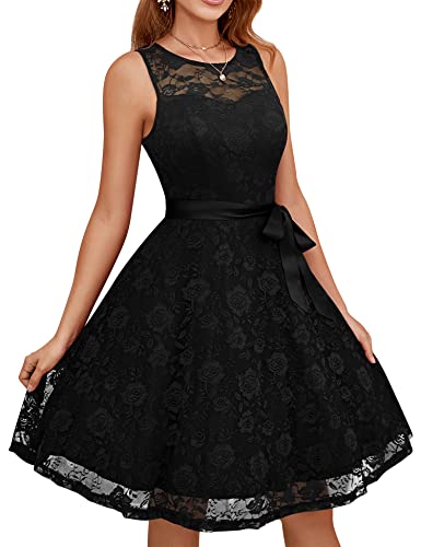 Dressystar Women's Floral Lace Short Bridesmaid Dress with Sheer Neckline Sleeveless Wedding Guest Formal Cocktail Dresses Black S