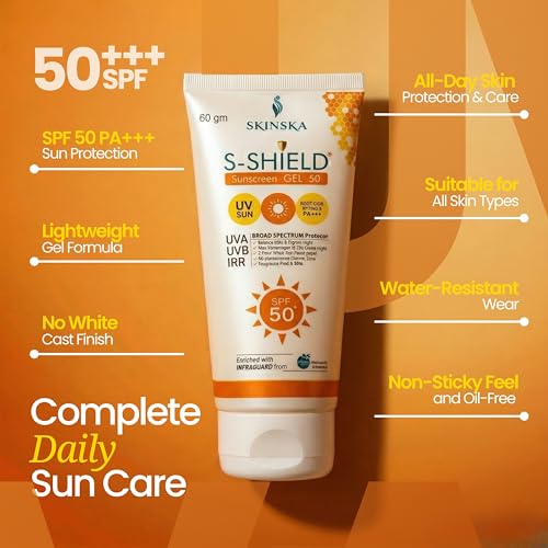 Image of SKINSKA NATURALS S-Shield Sunscreen Gel SPF 50 PA+++ - Lightweight, No White Cast, Broad Spectrum UVA /UVB for Oily, Dry & Acne-Prone Skin for Men /Women (60g)