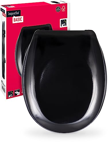 'aquaSu® Basic, WC-Sitz in Schwarz, Duroplast Toilettendeckel mit Absenkautomatik, Belastbar bis 200 kg, Standard O-Form, Take-Off, 409162