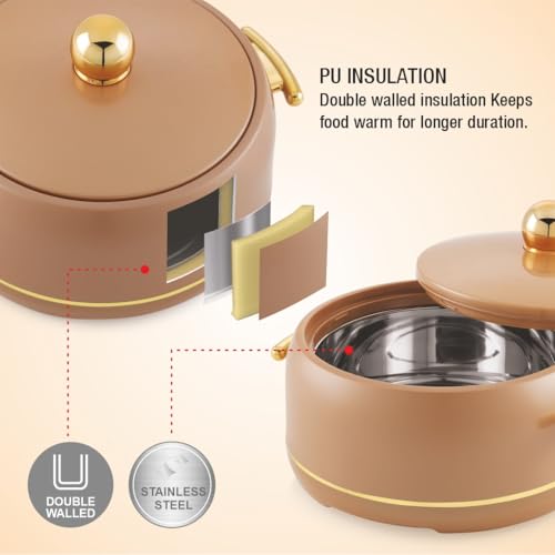 Image of Modware Atlantis Casserole Set of 3-1500ml /2000ml /2500ml Elegant Design Premium Hot Pot, Retains Temperature for Hours, Insulated Inner Steel Casserole for Roti Hot Box for Home Chapati Box (Brown)