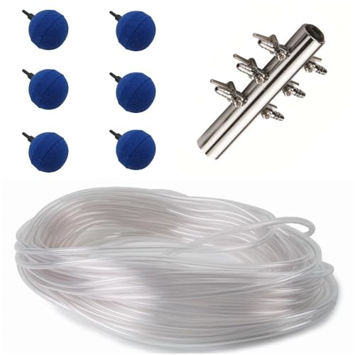 Pond H2o Aeration Accessory Kit for Water Garden Koi Fish Ponds or Aquariums, Airpump Aerating Accessory Kit Aquaponics and Hydroponics, Includes 82' of Tubing, 6 Airstones and 6 Way Air Manifold
