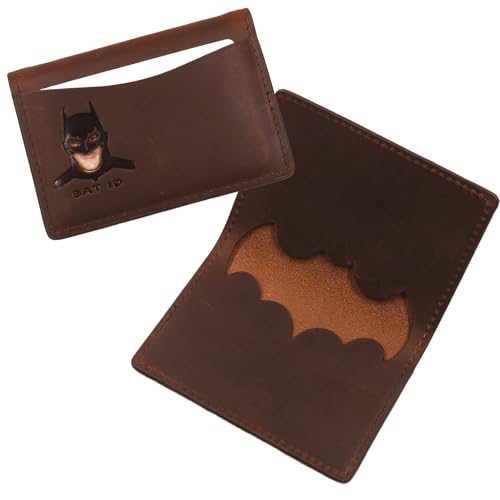 Leather Bat ID Wallet for Men - Unique Slim Bifold Superhero Face Mask Eyes Cutout Card Holder - Hollowd Bat Shape Card Slot - Full Grain Leather (Dark Brown)