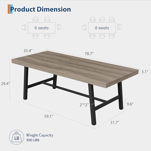 Image of GarveeHome Industrial Dining Table for 6-8 People, 78.7 inch Long Kitchen Table with Sturdy Metal Frame, Rectangular Counter for Dinner, Kitchen, Dining Room (Grey Walnut, 79 inch Non-extendable)