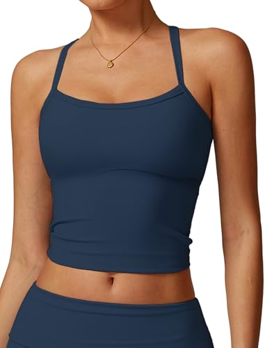Womens Scoop Neck Longline Sports Bras Fixed Cross Back Women Workout Crop Tank Tops with Built in Bra Active Wear Athletic Work Out Gym Yoga Padded Bra Tank Top Dark Blue S