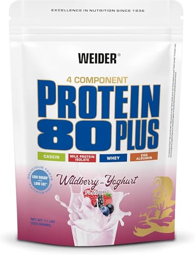 Weider - Protein 80 Plus - 4-Komponenten Protein Pulver - Hoher Proteingehalt mit 80% Eiweiß - Cremige Shakes mit Calcium & Vitamin B6 - 500g - Waldfrucht-Joghurt