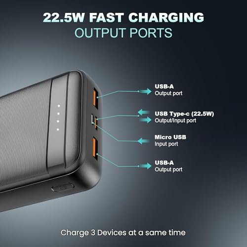 Image of Kratos Legend Champ Power Bank 20000mAh, Fast Charging 22.5W, Triple Output,USB Type C &Dual USB Port, PD Powerbank for iPhone, Android & Other Phones, BIS Certified,1year Warranty, Black
