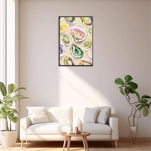 Image of Colorful Oyster Shell Poster Abstract Beachy Shell Canvas Wall Art Retro Summer Coastal Shell Picture Aesthetic Prints Painting For Home Living Room Kitchen Restaurant Wall Decor 8x12in Framed