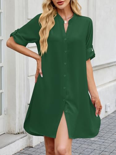Image of PerZeal Womens Sexy V Neck Button Down Shirt Dresses Summer Short Sleeve Casual Loose Blouses & Button-Down Shifts Cover Ups