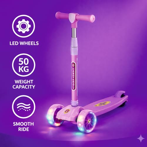 Image of Kids Foldable Kick Scooter with 4 Level Adjustable Height & LED PU Wheels | for Ages 3-14 Years | Rear Brake | 50 kg Weight Capacity | Color Pink