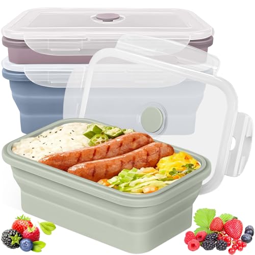 3 Pack 550ml Food Storage Containers with Lids Collapsible Silicone Lunch Box Portable Food Storage Container Foldable Bento Boxes Stackable Outdoor Picnic Box for Main Meal Salad Fruits Snack