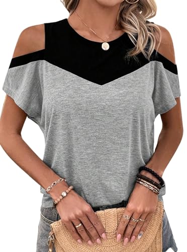 Hilinker Women's Cut Out Cold Shoulder Tops Summer Color Block Short Sleeve Sexy Shirts