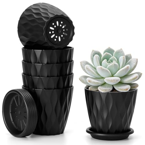 Romon Maceteros Decorativos Interior, Set de 6 Macetas de Plástico con Apertura Base 10cm, Macetas Pequeñas en PP para la Cocina, balcón, Plantas de jardín, Macetas Vivero con Agujero Drenaje, Negro