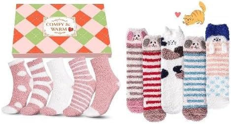 URECOVERBuy Two Save More Women's Fuzzy Socks Combo: Cute Dog & Cat Socks and Pink Fluffy Slipper Socks - Stocking Stuffers and Gifts for for Women Teen Girls Mom Wife