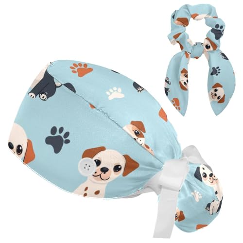 Cute Dogs Bones and Paws on Light Blue Working Caps with Buttons, Long Hair Scrub Hats Ponytail Holder for Women