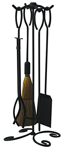Uniflame, F-1187B, 5-Piece Black Wrought Iron Fireplace Tools Set with Ring Handles