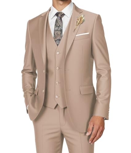 Men's Suits 3 Piece Slim Fit Dress Tuxedo for Men Two Button Solid Jacket Vest Pants Set