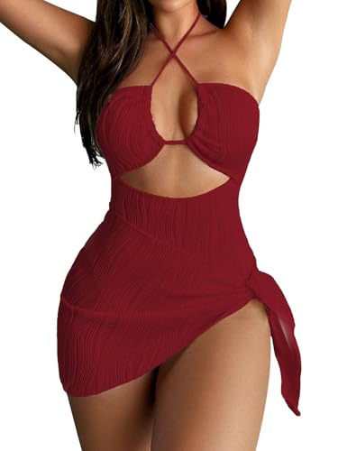 SKAYS Womens One Piece Swimsuit Texture Hollow Out Halter Neck Solid Color Bathing Suit with Cover-Up 2-Piece Sets Swimwear Red M