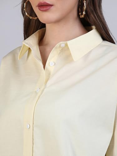 Image of Urbano Fashion Women's Cotton Full Sleeve Oversized Fit Casual Solid Slub Shirt with Spread Collar