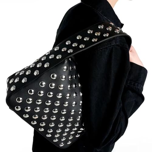 Women Leather Shouder Purse Y2k Rivet Bag Rivet Studded Black Clutch Purse Pleated Studded Handbag3