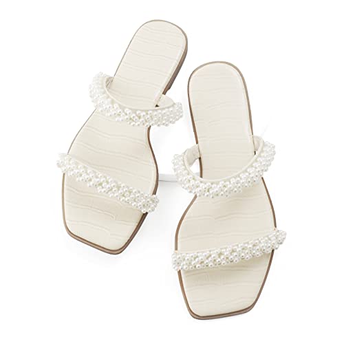 LACUONE Pearl Strap Flat Sandals For Women Slip On Square Open Toe Slides Sandals2