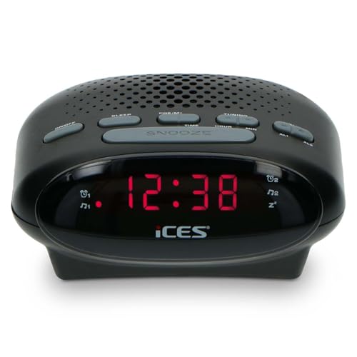 iCES ICR-210 Uhrenradio - Radiowecker mit Stromkabel - 2 Weckzeiten - PLL FM - Schlummerfunktion - Sleeptimer - Gangreserve - kompakt - schwarz