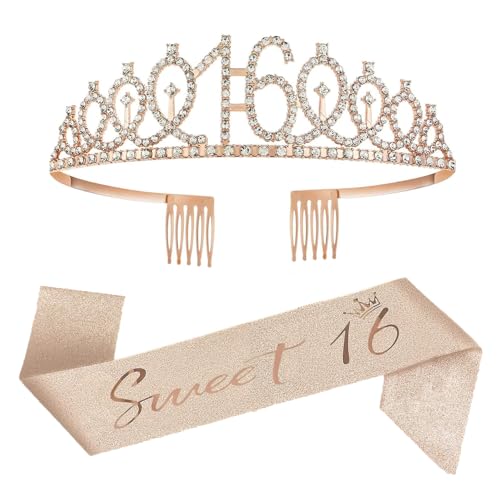 Conjunto de 16 bandas e tiara de diamantes de imitação para meninas, coroa de diamantes de imitação de aniversário rosa 16 e banda de cetim decorativa, presentes de aniversário de 16 para meninas