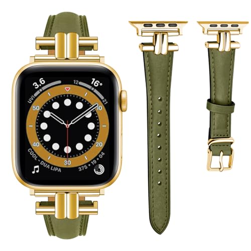 Hstrap Compatible for Apple Watch Series 9 42mm 44mm 45mm 49mm I-Shape Green Leather Apple Watch Band Women Gold Metal Buckle for iWatch Ultra2/Ultra SE Series 8 7 6 5 4 3 2 1