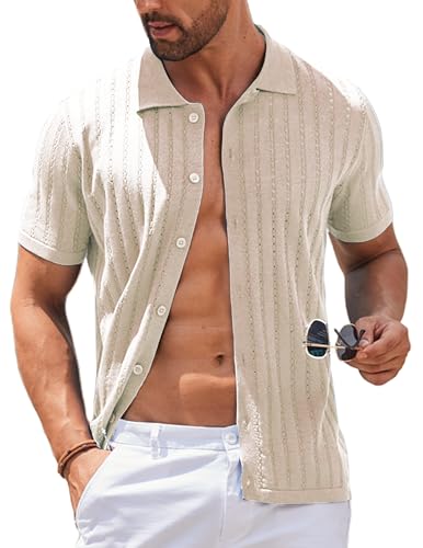 COOFANDY Men's Knit Shirts Short Sleeve Button Down Polo Shirt Vintage Casual Summer Beach Shirts