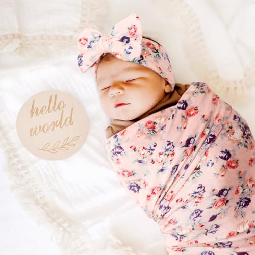 Image of DRESHOW BQUBO Baby Girl Newborn Receiving Blanket with Bow Hat Headband Wooden Birth Announcement Card Set Baby Floral Print Nursery Swaddle Wrap