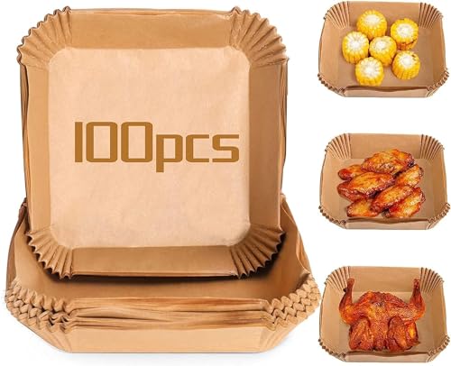 Cuisine Art 100Pcs Air Fryer Disposable Paper Liner Liners Square Baking Paper for Water-proof Parchment Paper for Baking Roasting Microwave 16cm Square