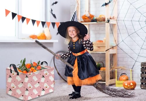 Image of Rectangular Kids Basket,Halloween Basket.Cute Baskets for Girls, Pink Baskets with Handles.Books Bins,Gifts Box. (Pink Halloween)