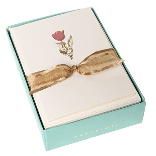 Image of Graphique Tulip Cards | Pack of 10 Cards with Envelopes | Blank Inside | All Occasion Greetings | La Petite Presse Collection | Embossing and Gold Foil Accents | Boxed Set | 3.25 inch x 4.75 inch