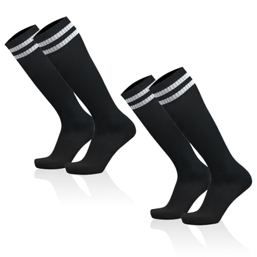 SKHAOVS 2 Paires Chaussettes de Football Enfant, Chaussette Foot Noires pour Garçons Filles, Chaussettes Hautes de Sports Chaussettes D'entraînement Chaussettes de Rugby Basket pour 5 à 12 Ans