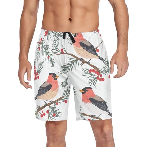 Bullfinch Bird with Berry Pajama Bottom Shorts for Men Soft Casual Sleep Lounge Shorts with Pockets S-XXL