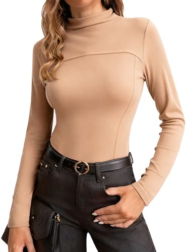 Wayleb Camiseta Termica Mujer Cuello Alto, Ropa Interior Termicas Mujer Manga Larga de Invierno Calido, Basica Top Elástica Color Sólido, Camel M