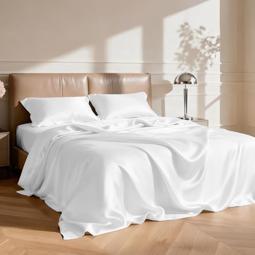 Image of Love's cabin Satin King Sheet Sets - 4 Piece White Silky Sheets King Size Bed Set with Deep Pocket, Luxury Silk Feel King Size Satin Sheet Set (1 Flat Sheet,1 Fitted Sheet,2 Pillow Cases)