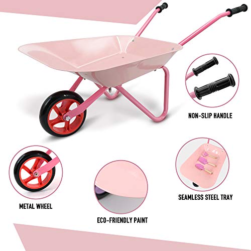 Hortem 5PCS Kids Wheelbarrow Set, Metal Construction Kids Wheel Barrel and Kids Garden Tools,Kids Gardening Glove, Gifts for Children (Pink)