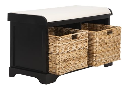 SAFAVIEH Home Collection – Freddy Black Storage Bench with Wicker Baskets & Cushion, Entryway Seating Bench, Fully Assembled (AMH5736B)
