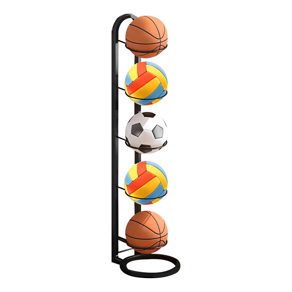 Support Ballon Foot, 5 Niveaux Rangement Ballon en Métal, Verticale Support Ballon Basket, Porte Ballon Basket Organiseur de Basket-Ball, Noir