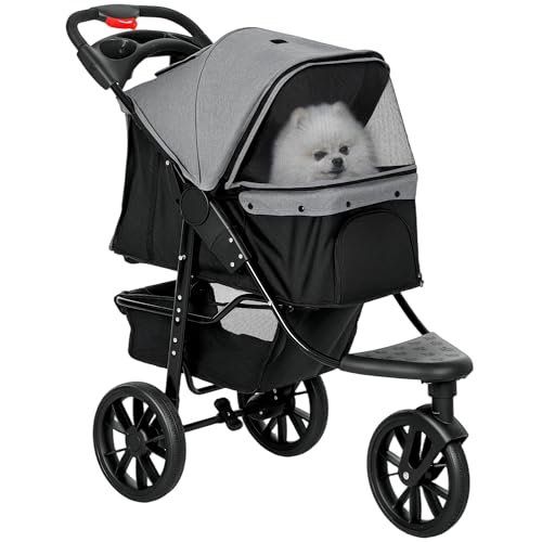 PawHut 2 in 1 Passeggino per Cani Pieghevole a 3 Ruote con Freno, Cestino Portaoggetti e Porta Bottiglia, in Acciaio e Oxford, Grigio e Nero, 109.5x57.5x106.5cm